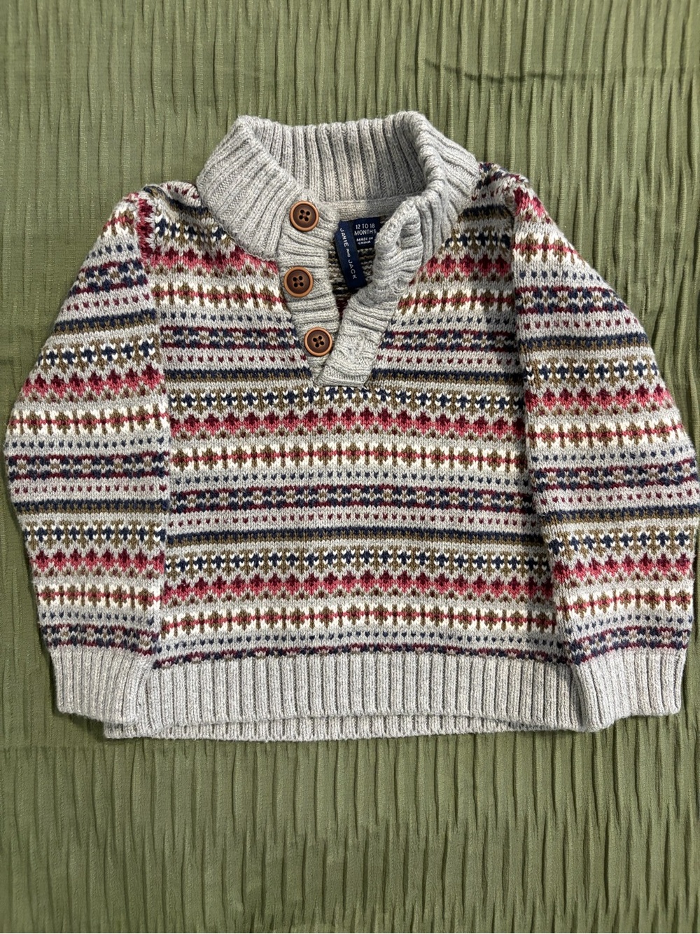 Janie and Jack Cream Multicolor Fair Isle Shawl-Collar Sweater